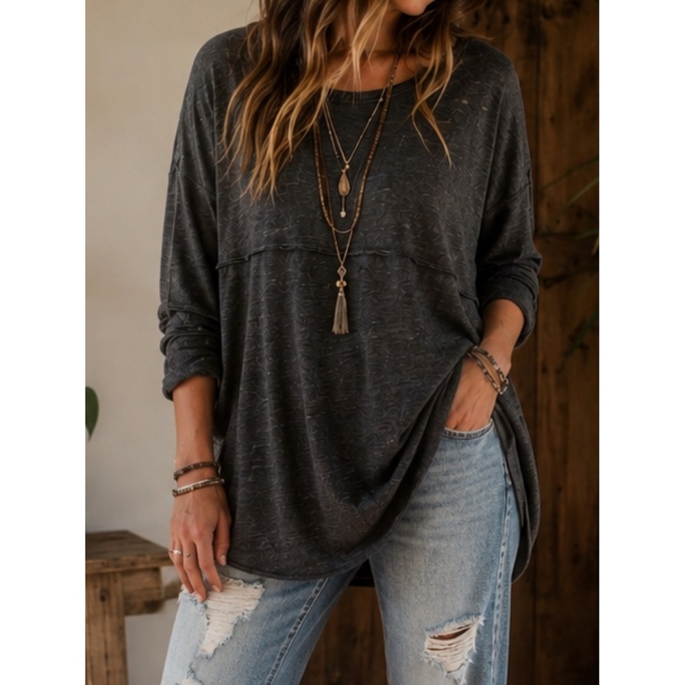 We The Free by Free People Gray Oversized Raw Hem 3/4 Sleeve Top Size Small